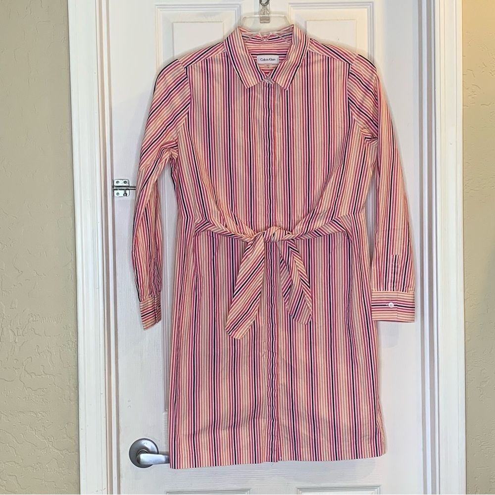 Calvin Klein Tie Front Shirt Dress Striped Multicolored Size 10